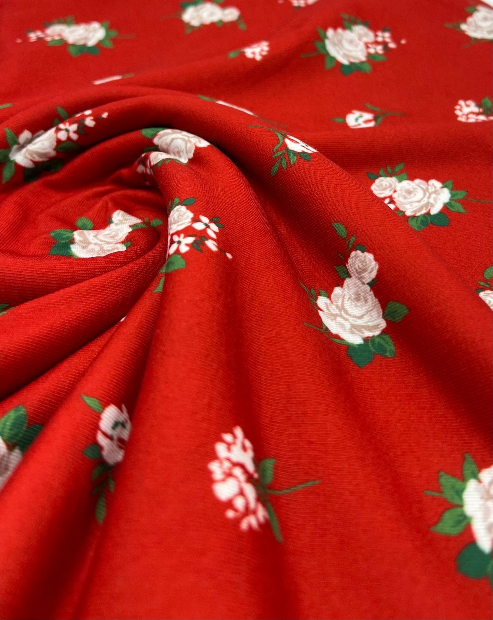 Red Floral Print Spun Poly Stretch Fabric - T9 Fabrics