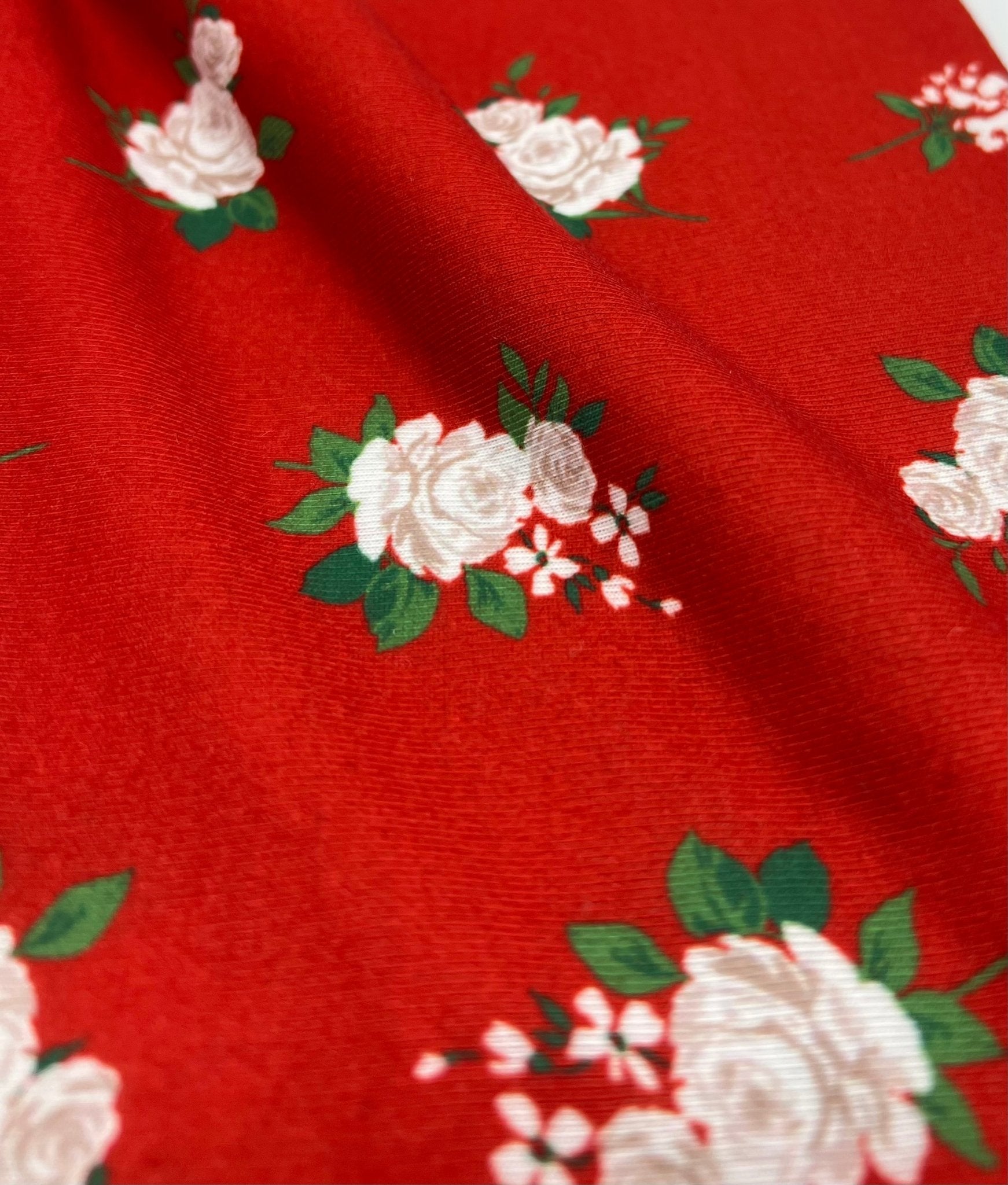 Red Floral Print Spun Poly Stretch Fabric - T9 Fabrics