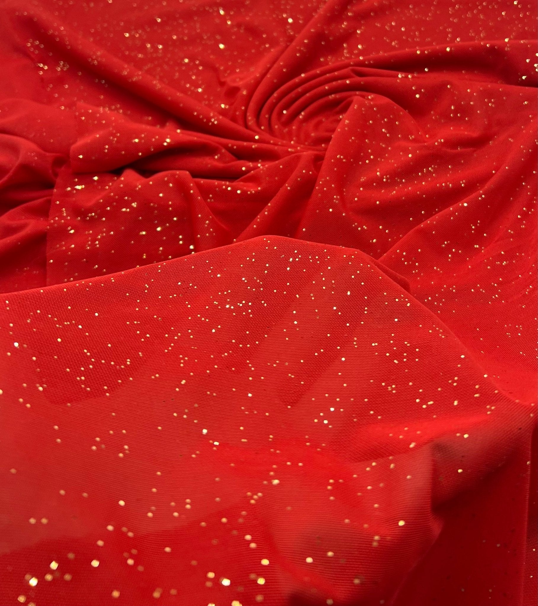 Red Gold Glitter Sparkle Mesh Fabric Stretch - T9 Fabrics