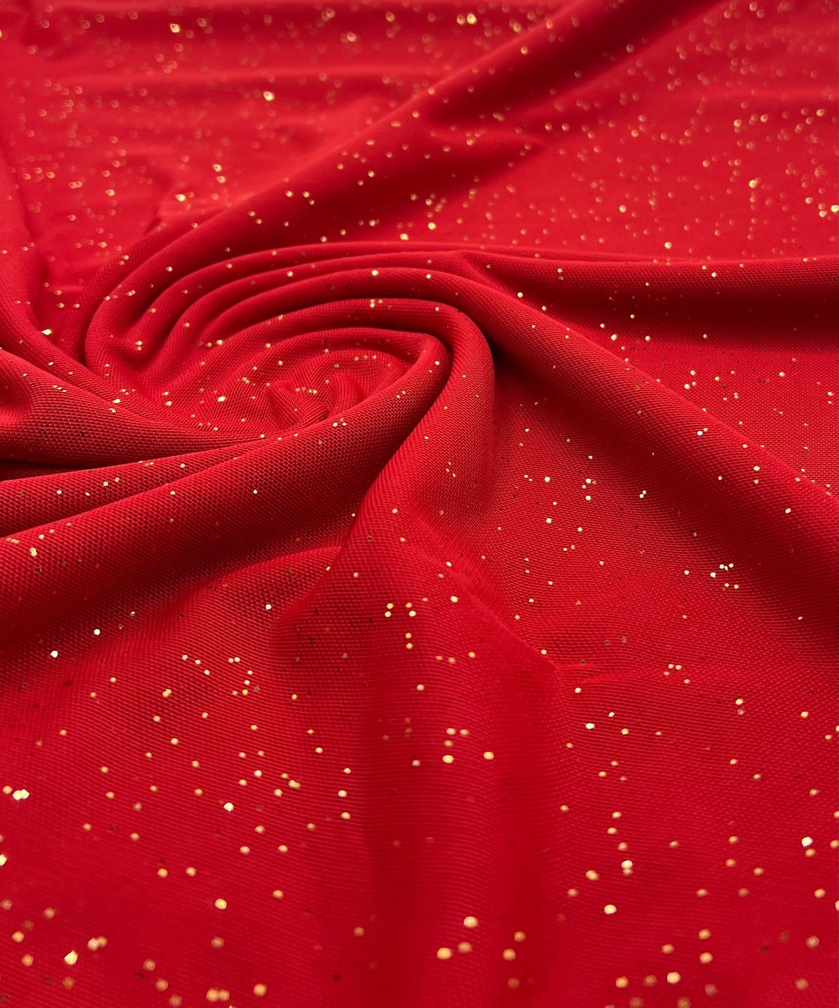 Red Gold Glitter Sparkle Mesh Fabric Stretch - T9 Fabrics