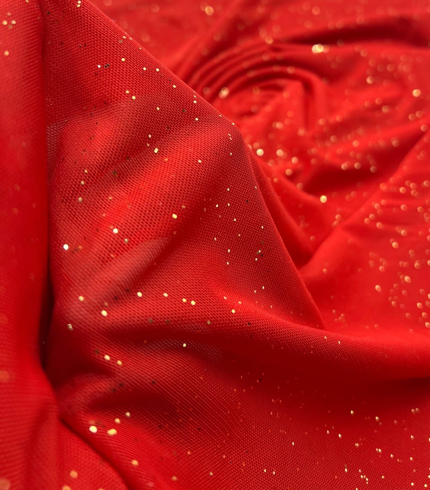 Red Gold Glitter Sparkle Mesh Fabric Stretch - T9 Fabrics