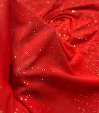 Red Gold Glitter Sparkle Mesh Fabric Stretch - T9 Fabrics