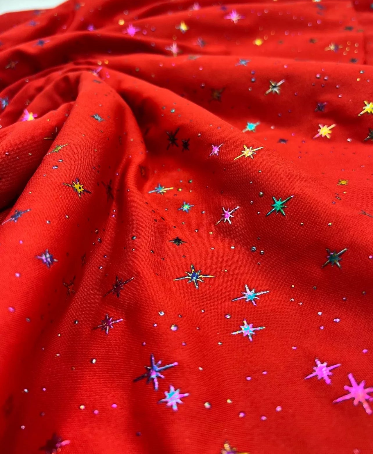 Red Multi Star Soft Spun Poly Stretch Fabric - T9 Fabrics