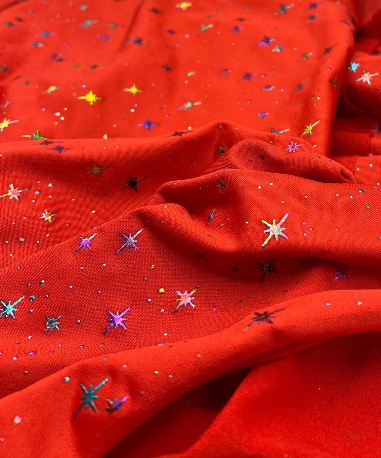 Red Multi Star Soft Spun Poly Stretch Fabric - T9 Fabrics