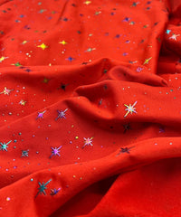Red Multi Star Soft Spun Poly Stretch Fabric - T9 Fabrics