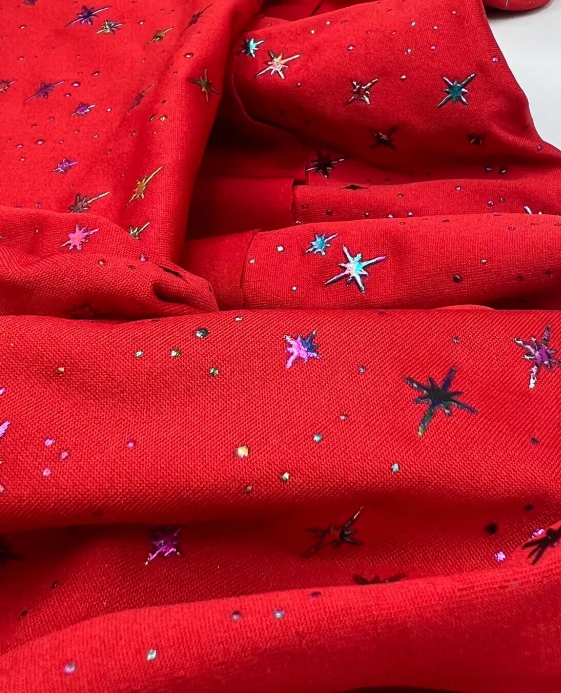 Red Multi Star Soft Spun Poly Stretch Fabric - T9 Fabrics