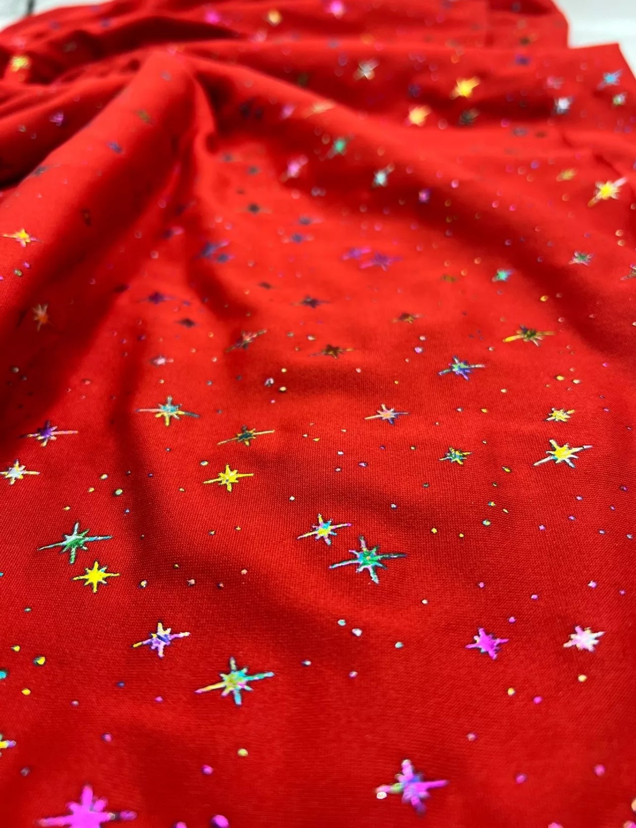 Red Multi Star Soft Spun Poly Stretch Fabric - T9 Fabrics
