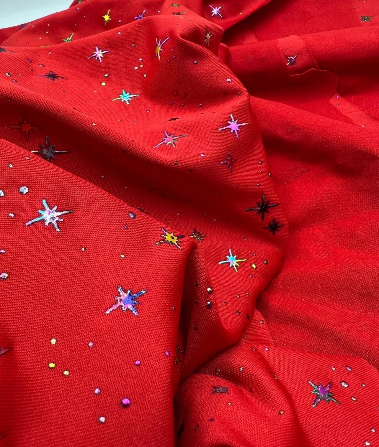 Red Multi Star Soft Spun Poly Stretch Fabric - T9 Fabrics
