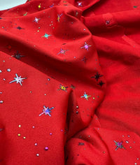 Red Multi Star Soft Spun Poly Stretch Fabric - T9 Fabrics