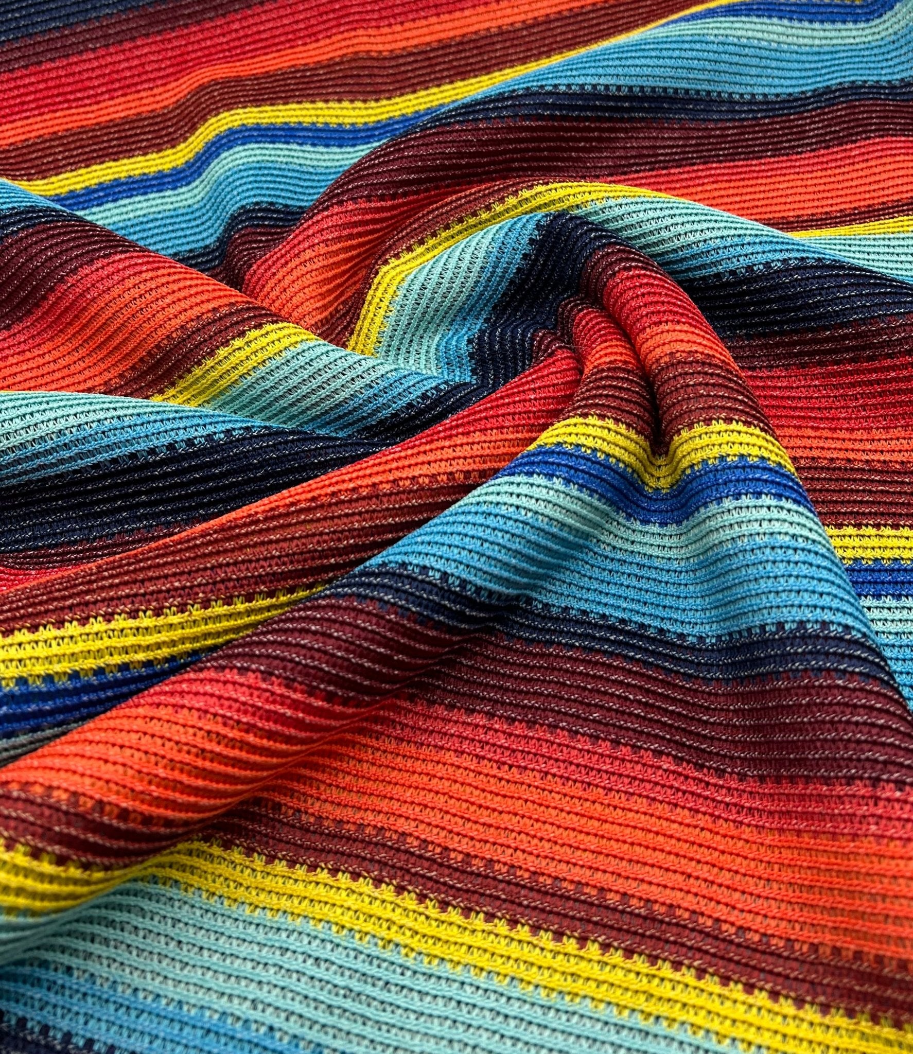 Red Multi Stripe Textured Knitted 2 Way Stretch Fabric - T9 Fabrics