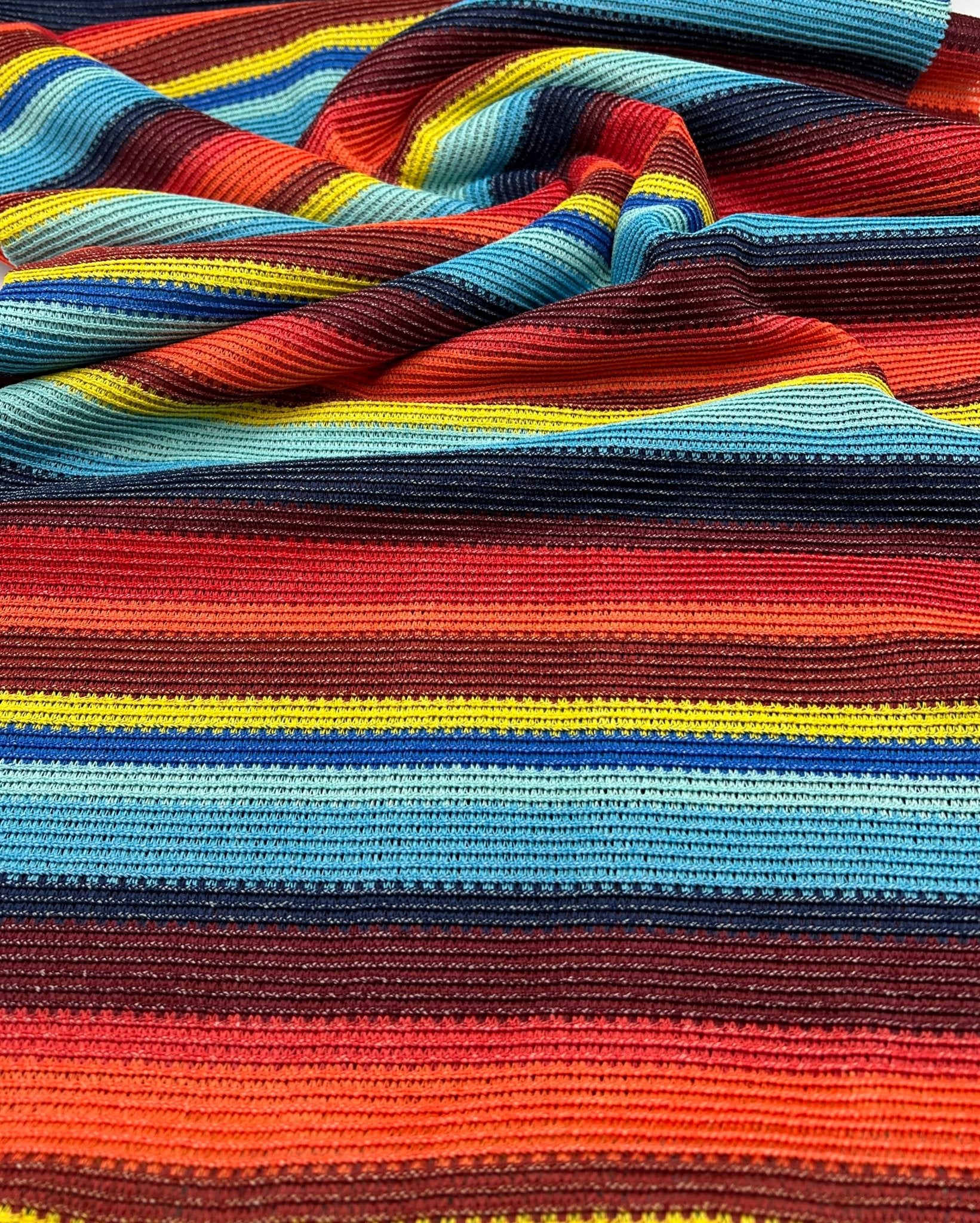 Red Multi Stripe Textured Knitted 2 Way Stretch Fabric - T9 Fabrics