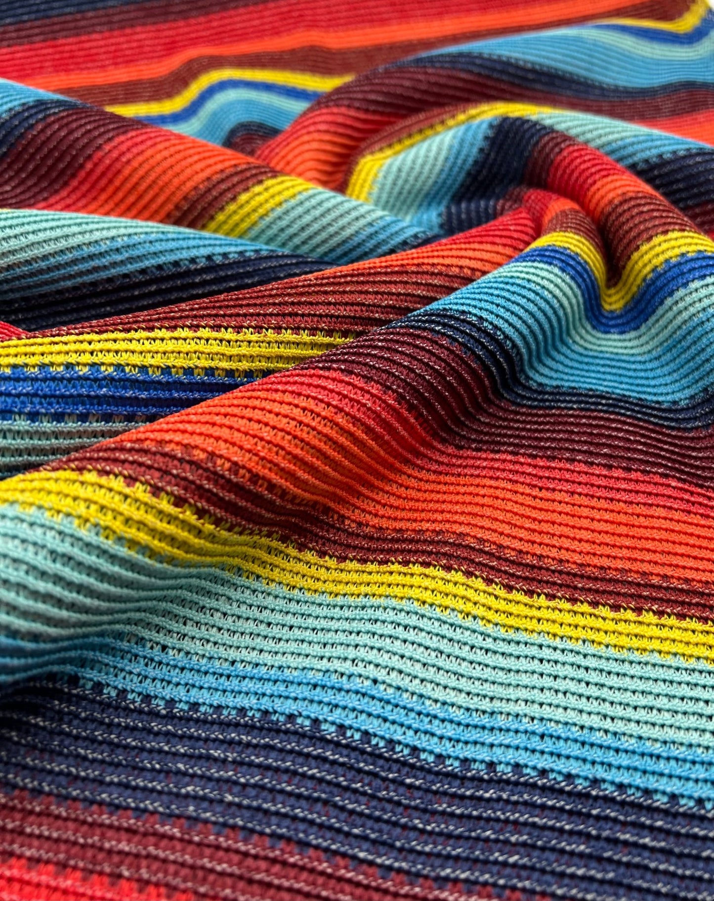 Red Multi Stripe Textured Knitted 2 Way Stretch Fabric - T9 Fabrics