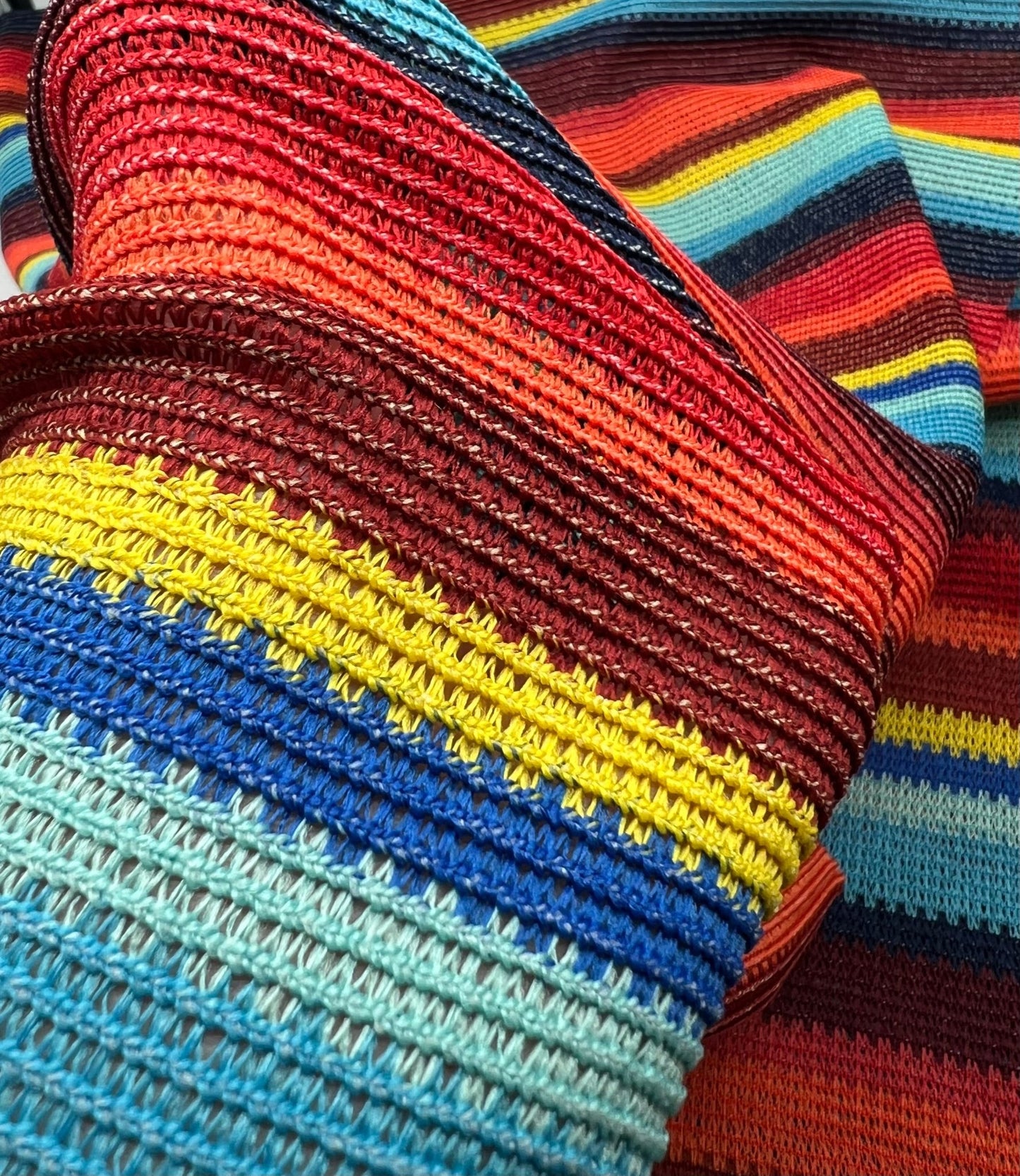 Red Multi Stripe Textured Knitted 2 Way Stretch Fabric - T9 Fabrics