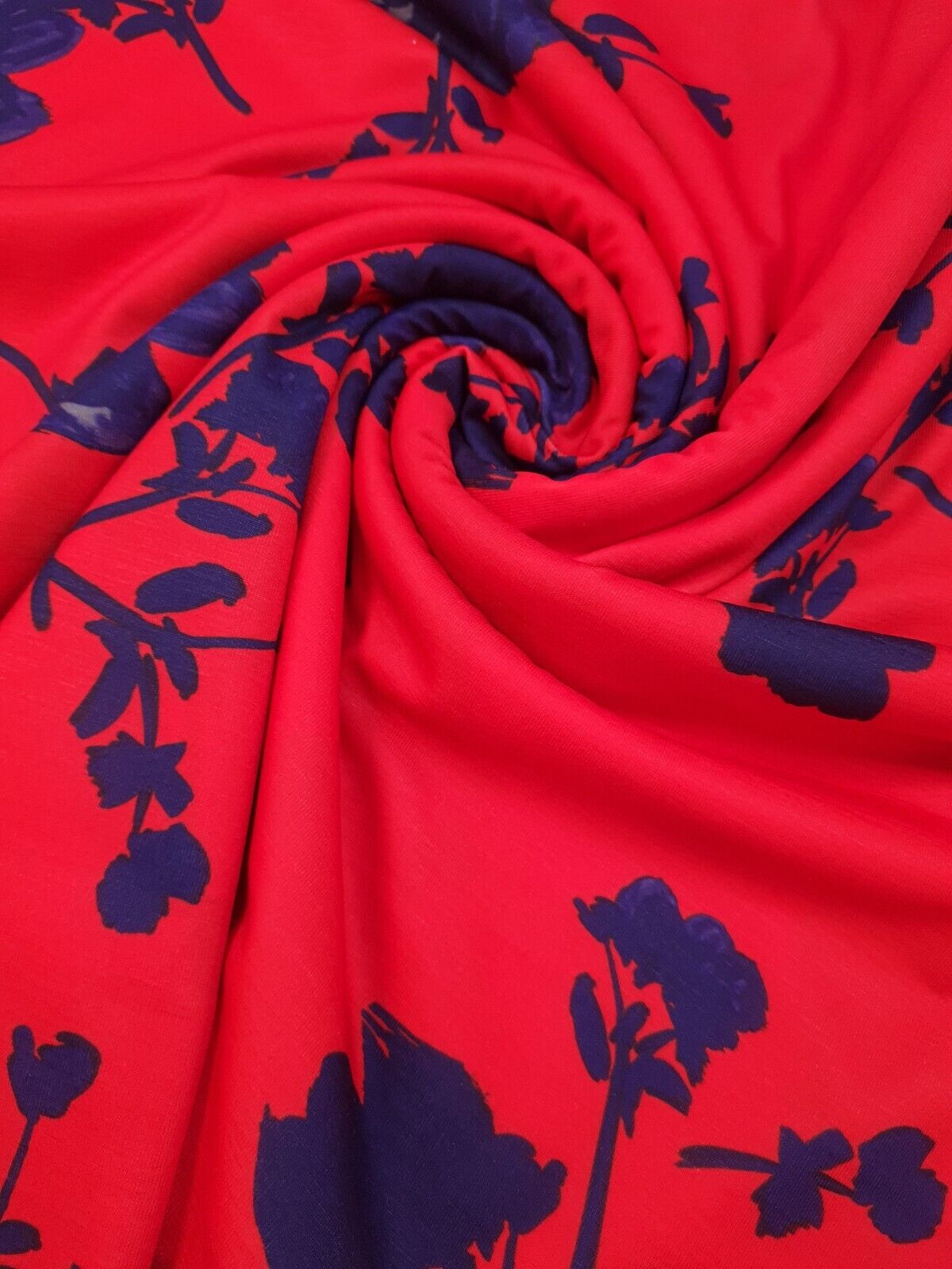 Red & Navy Large Brushstroke floral Print Spun Poly Stretch Fabric - T9 Fabrics