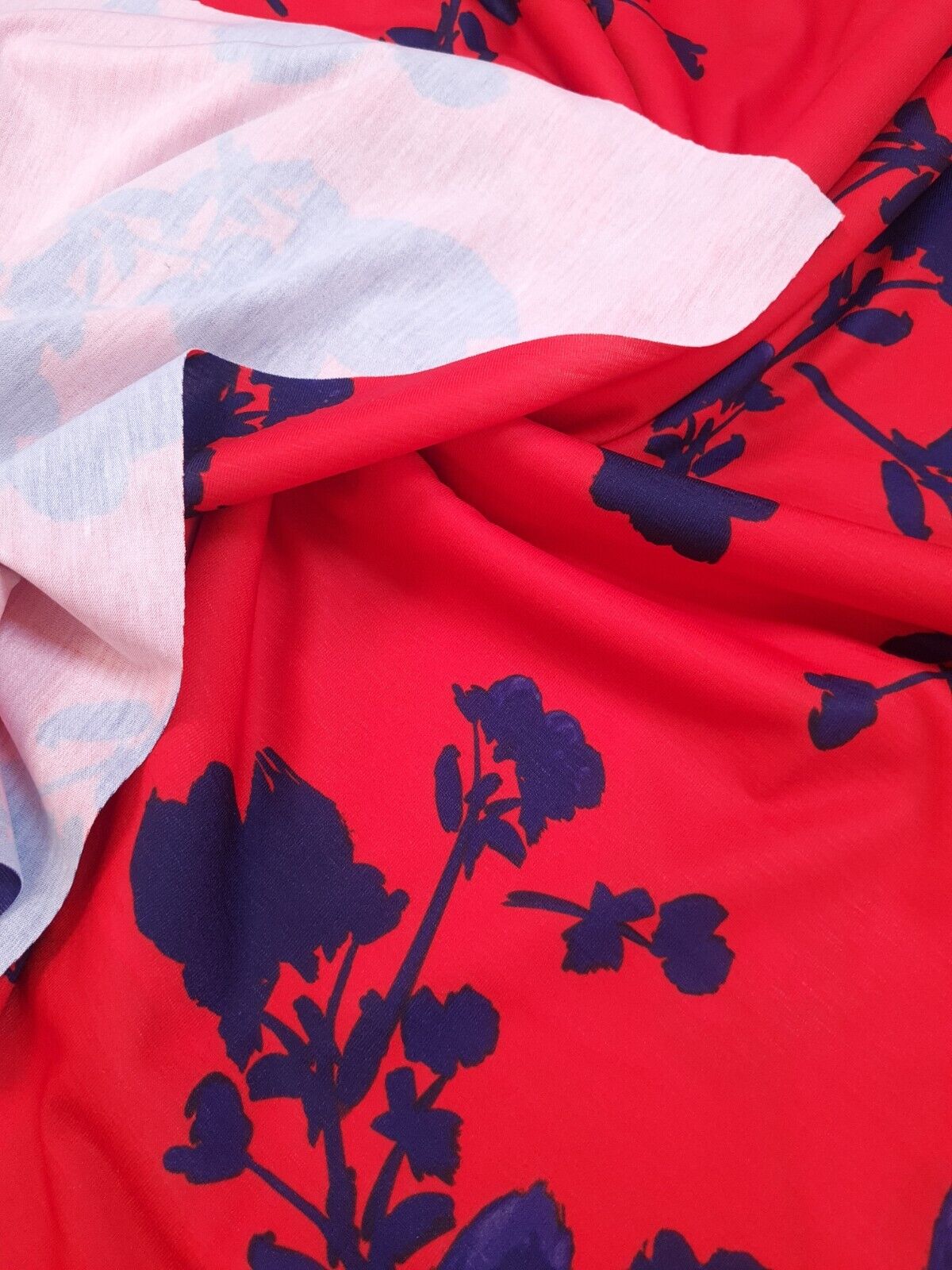 Red & Navy Large Brushstroke floral Print Spun Poly Stretch Fabric - T9 Fabrics