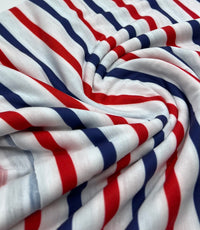 Red Navy Stripe Print Spun Poly Stretch Fabric - T9 Fabrics