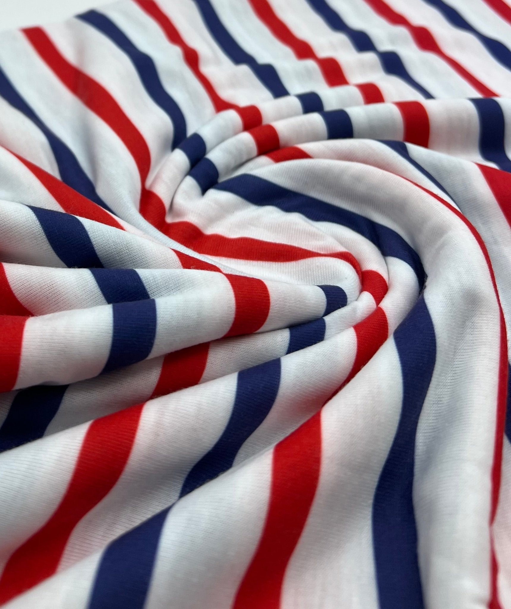 Red Navy Stripe Print Spun Poly Stretch Fabric - T9 Fabrics