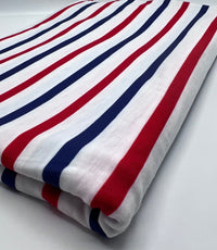 Red Navy Stripe Print Spun Poly Stretch Fabric - T9 Fabrics