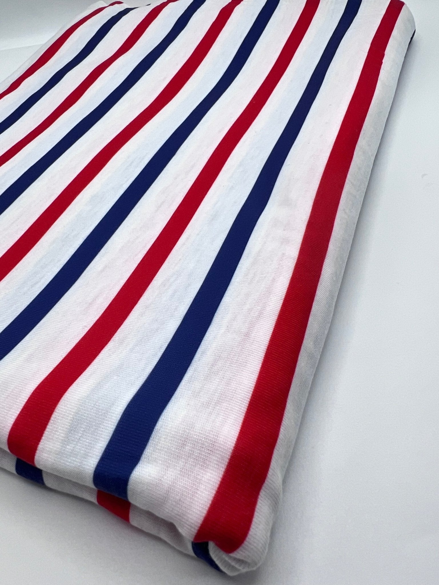 Red Navy Stripe Print Spun Poly Stretch Fabric - T9 Fabrics