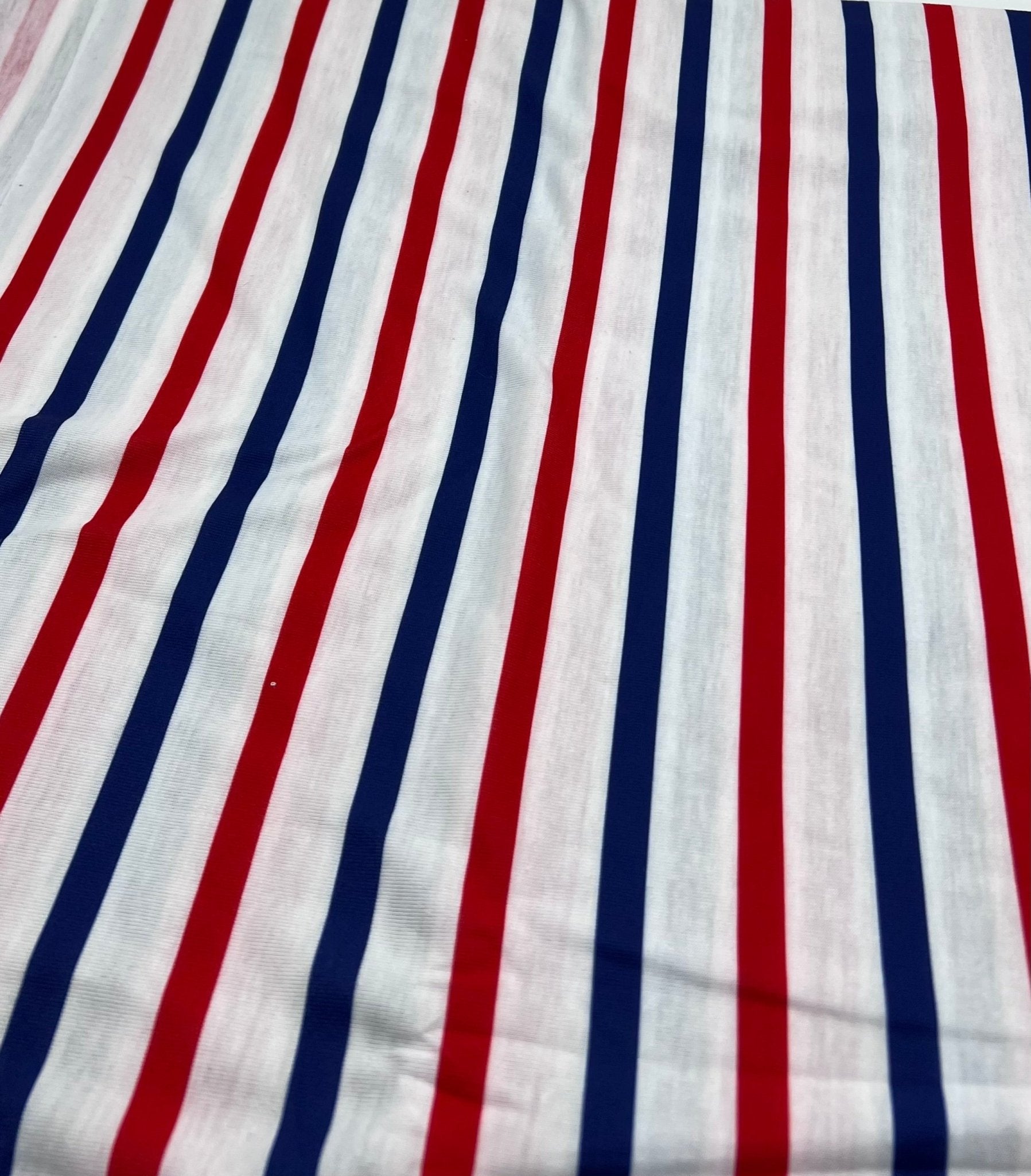 Red Navy Stripe Print Spun Poly Stretch Fabric - T9 Fabrics