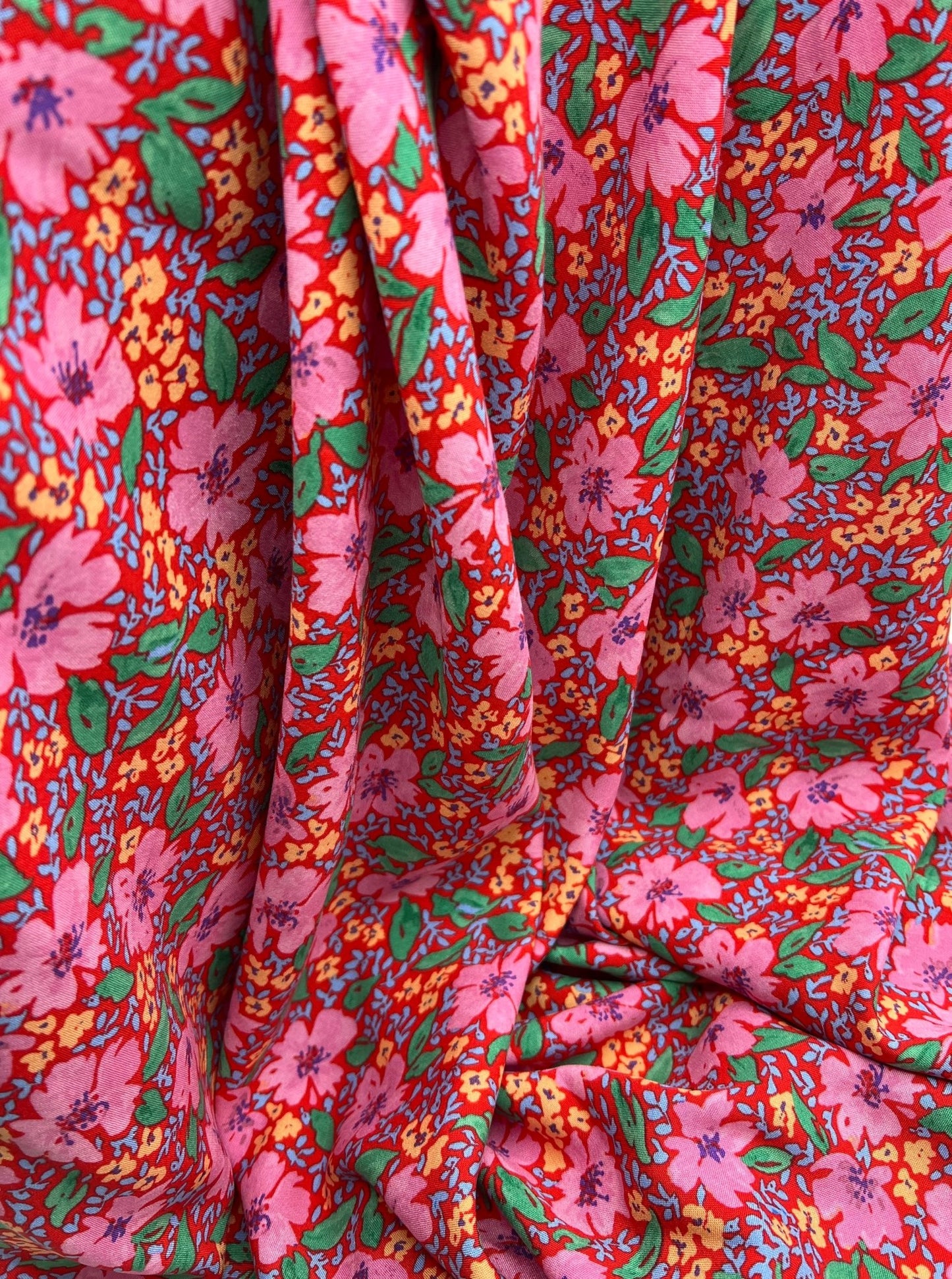 Red Pink Floral Lightweight Non Stretch Woven Fabric - T9 Fabrics