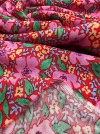 Red Pink Floral Lightweight Non Stretch Woven Fabric - T9 Fabrics