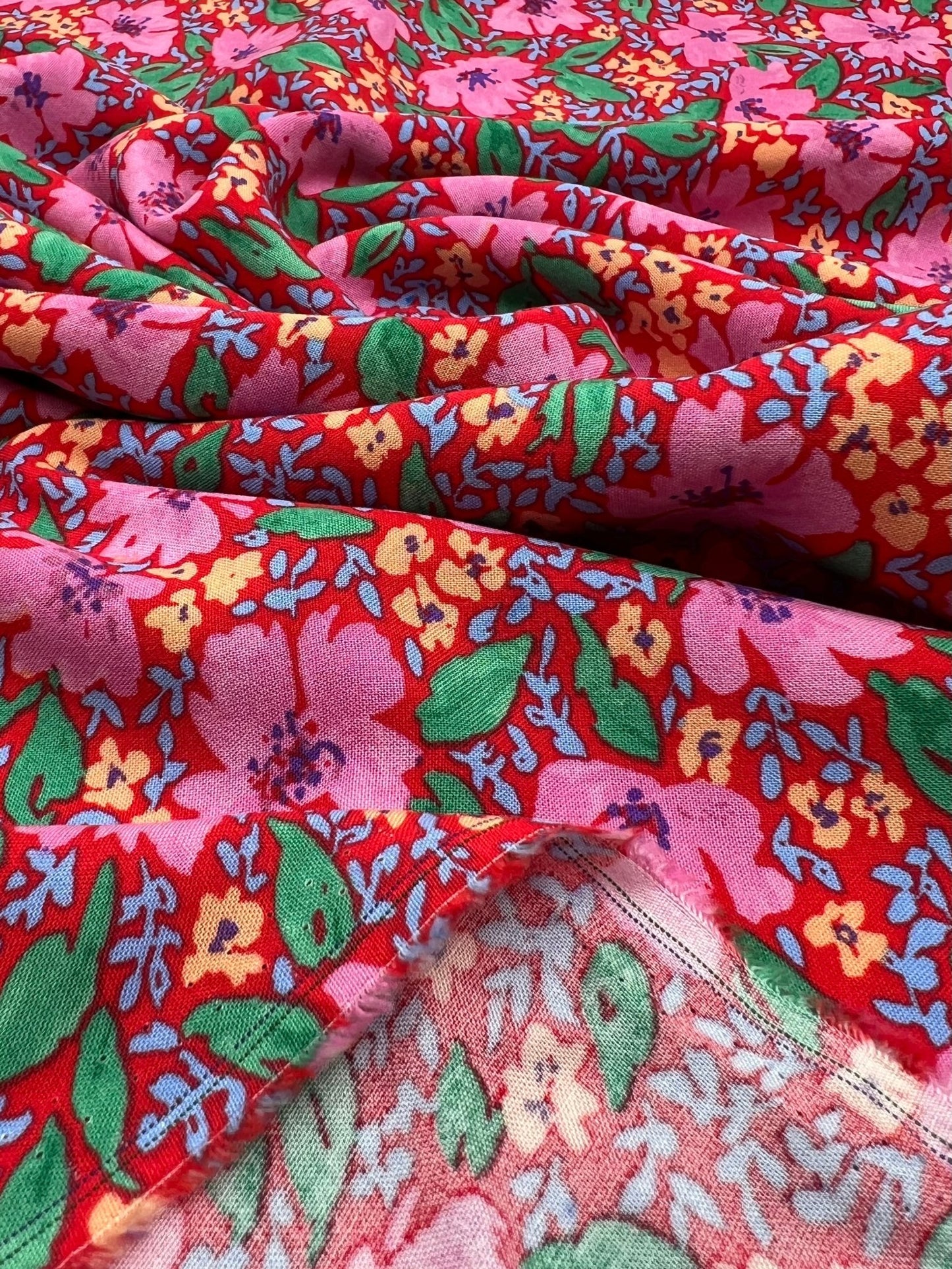 Red Pink Floral Lightweight Non Stretch Woven Fabric - T9 Fabrics