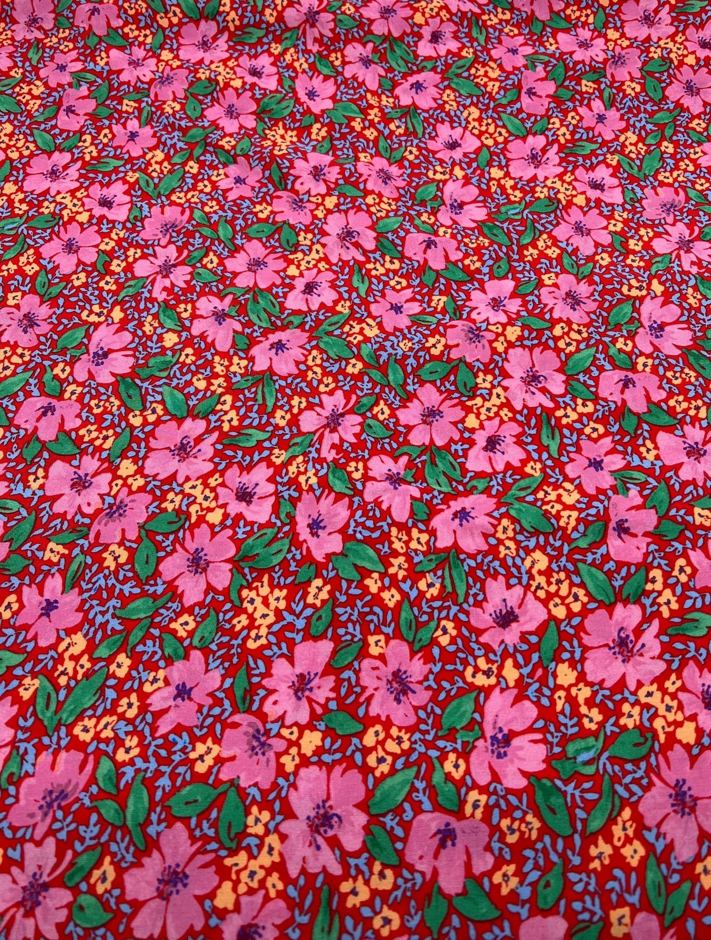 Red Pink Floral Lightweight Non Stretch Woven Fabric - T9 Fabrics