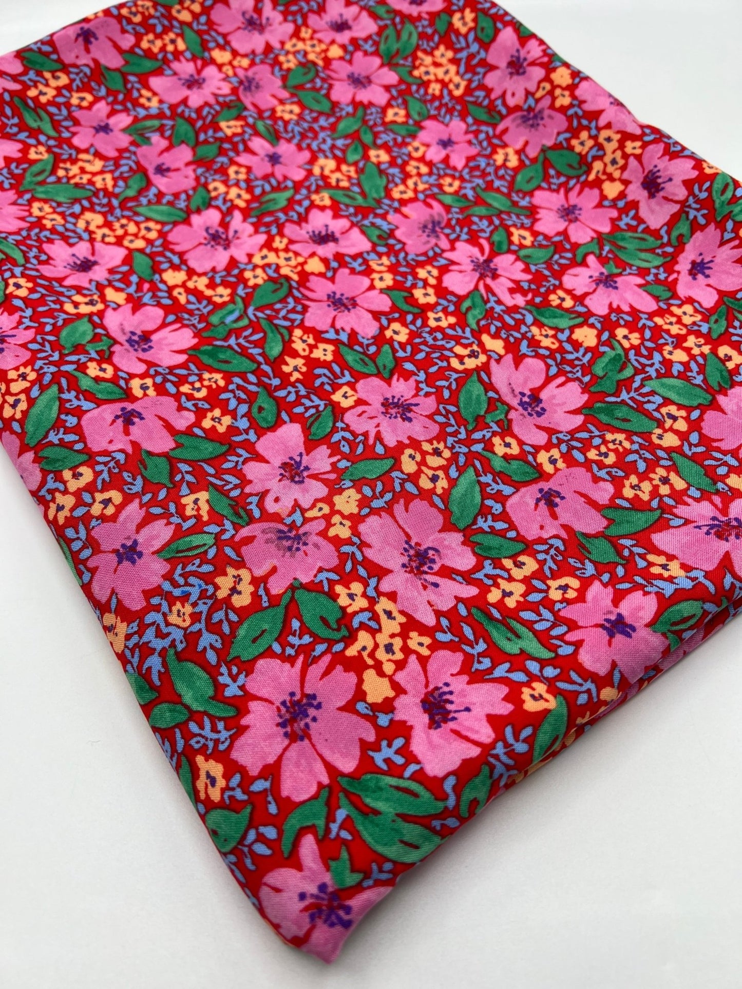 Red Pink Floral Lightweight Non Stretch Woven Fabric - T9 Fabrics