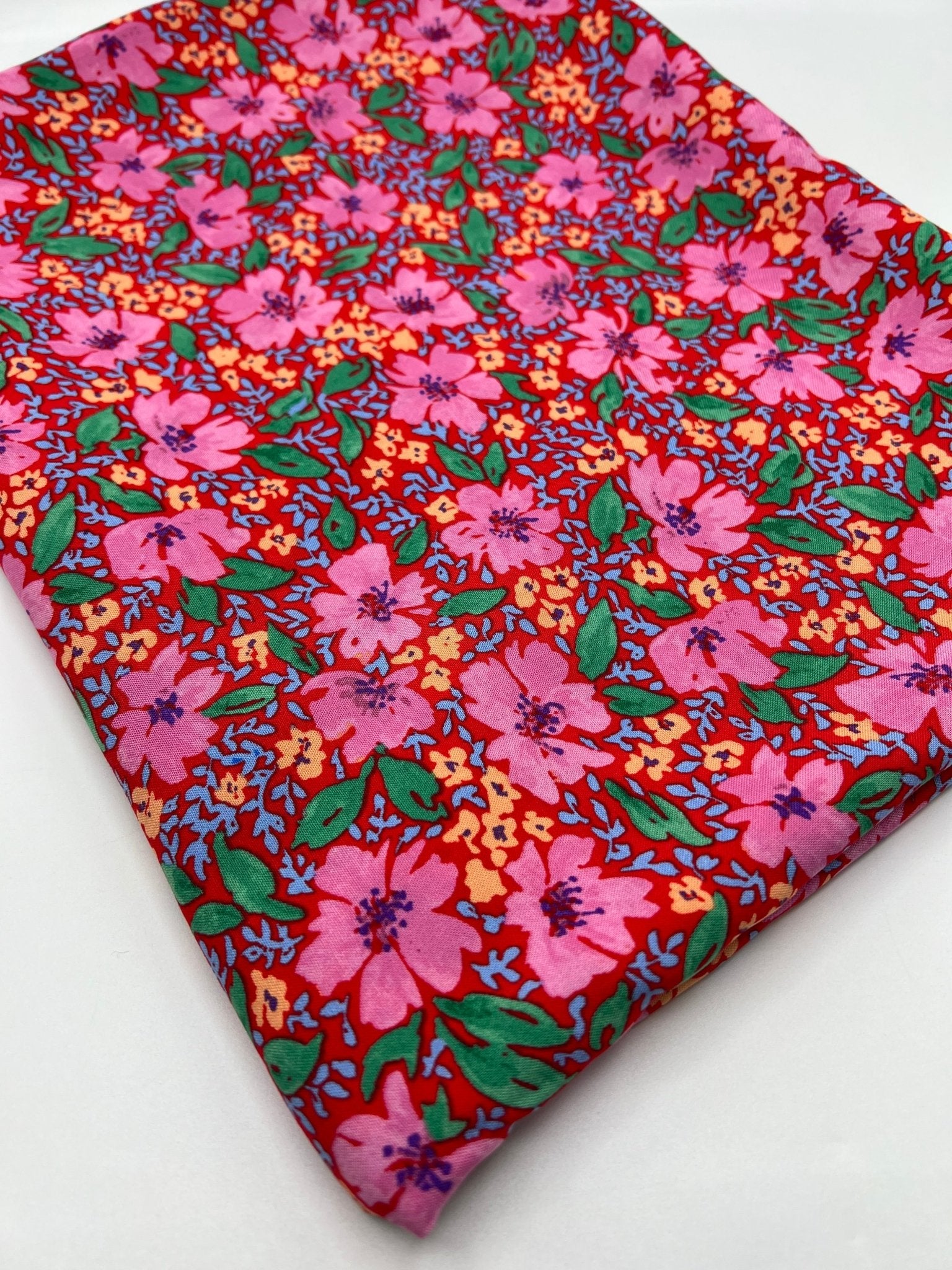 Red Pink Floral Lightweight Non Stretch Woven Fabric - T9 Fabrics