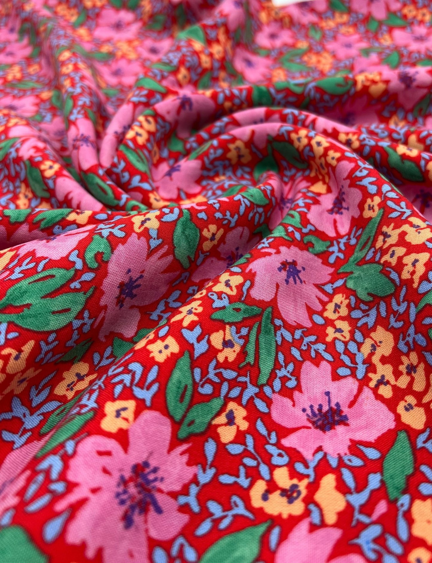 Red Pink Floral Lightweight Non Stretch Woven Fabric - T9 Fabrics