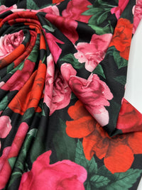 Red Pink Rose Floral Print Spun Poly Stretch Fabric - T9 Fabrics