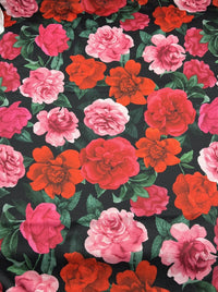 Red Pink Rose Floral Print Spun Poly Stretch Fabric - T9 Fabrics