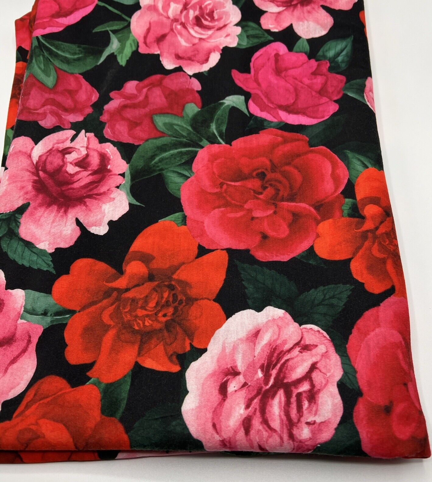 Red Pink Rose Floral Print Spun Poly Stretch Fabric - T9 Fabrics