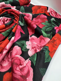 Red Pink Rose Floral Print Spun Poly Stretch Fabric - T9 Fabrics