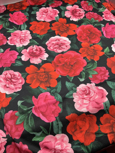 Red Pink Rose Floral Print Spun Poly Stretch Fabric - T9 Fabrics