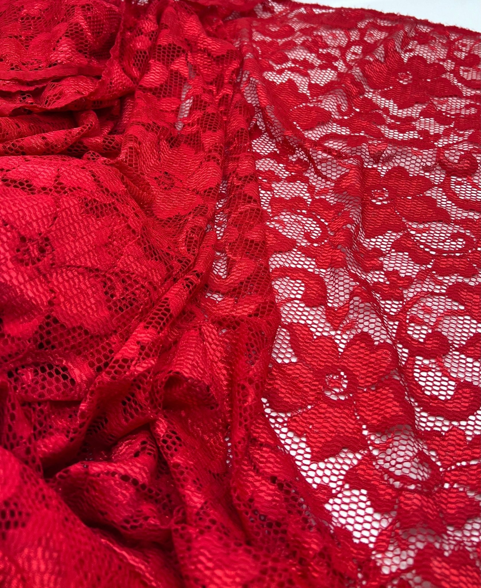 Red Scalloped Edge Floral Lace Fabric Stretch - T9 Fabrics