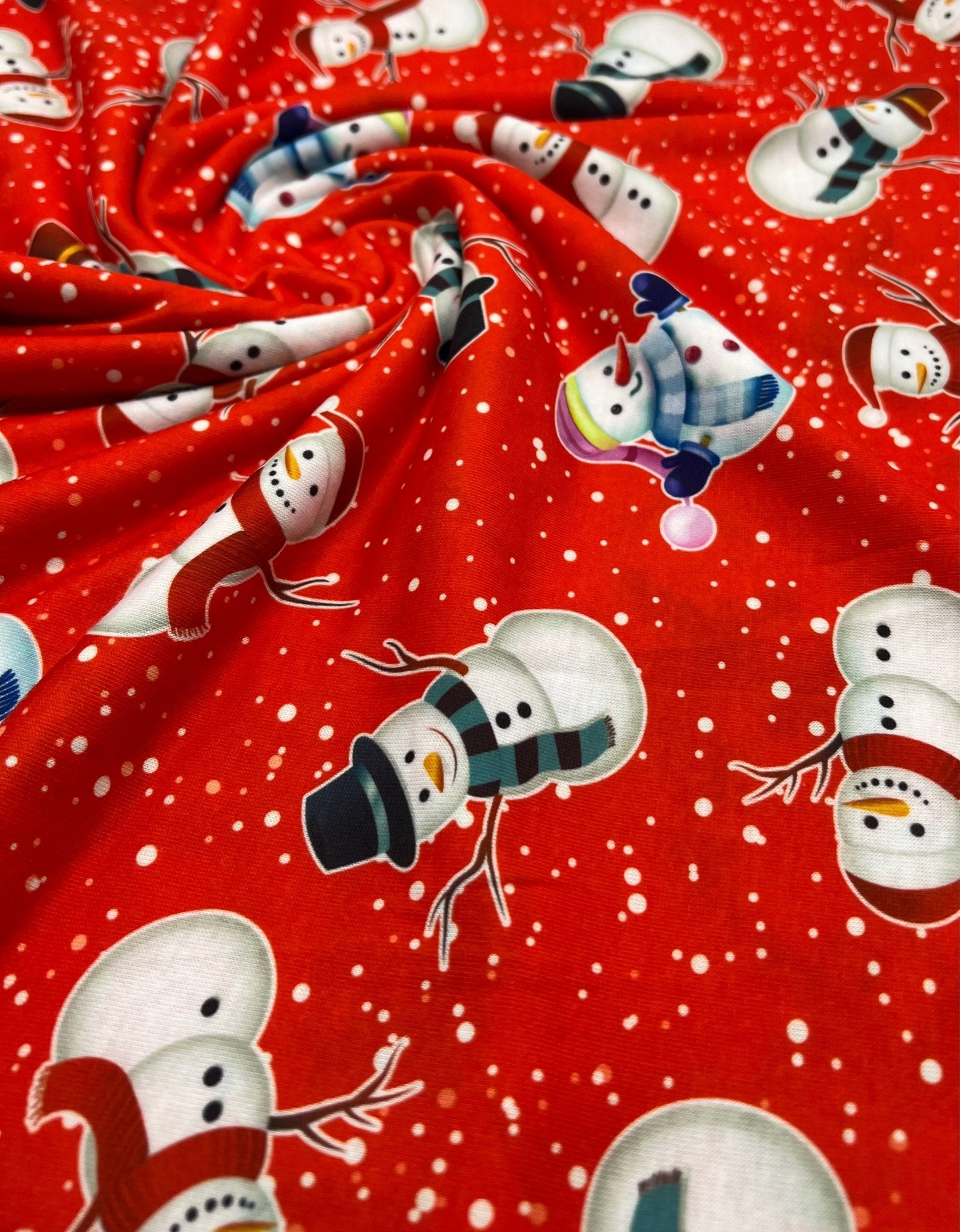 Red Snow Snowman Print Soft Spun Poly Stretch Fabric - T9 Fabrics