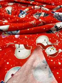 Red Snow Snowman Print Soft Spun Poly Stretch Fabric - T9 Fabrics