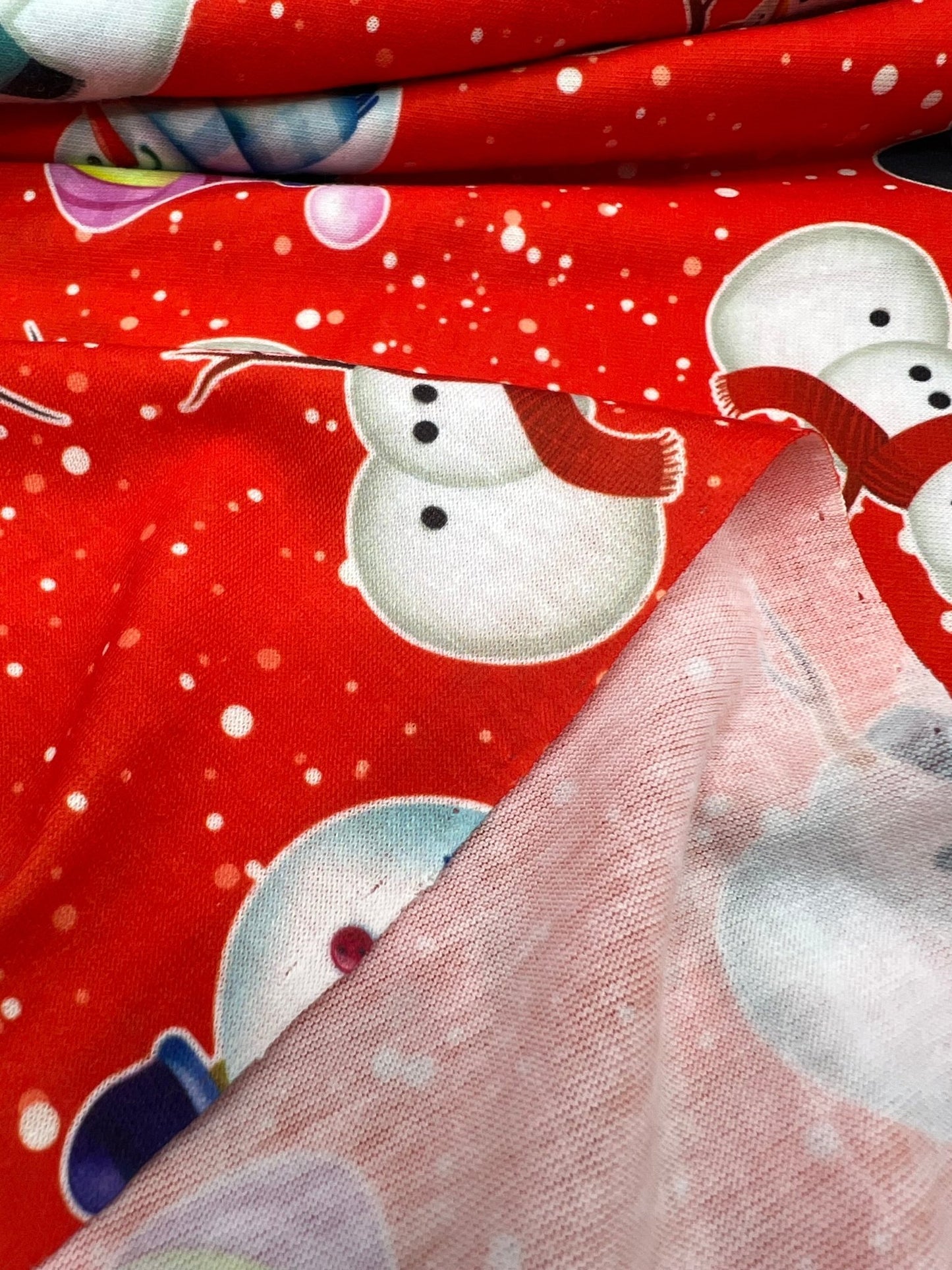 Red Snow Snowman Print Soft Spun Poly Stretch Fabric - T9 Fabrics