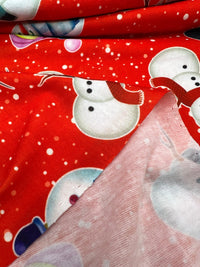 Red Snow Snowman Print Soft Spun Poly Stretch Fabric - T9 Fabrics