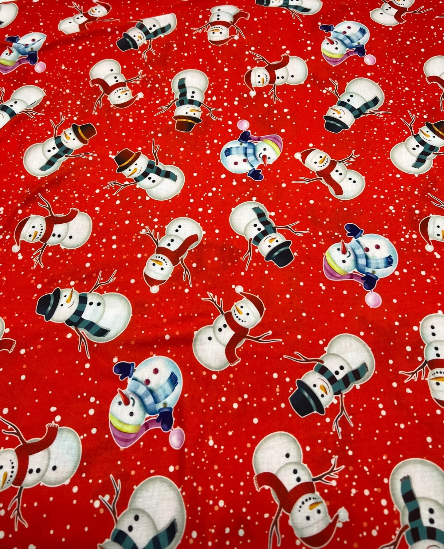 Red Snow Snowman Print Soft Spun Poly Stretch Fabric - T9 Fabrics