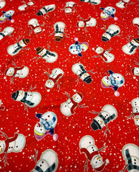 Red Snow Snowman Print Soft Spun Poly Stretch Fabric - T9 Fabrics