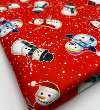 Red Snow Snowman Print Soft Spun Poly Stretch Fabric - T9 Fabrics