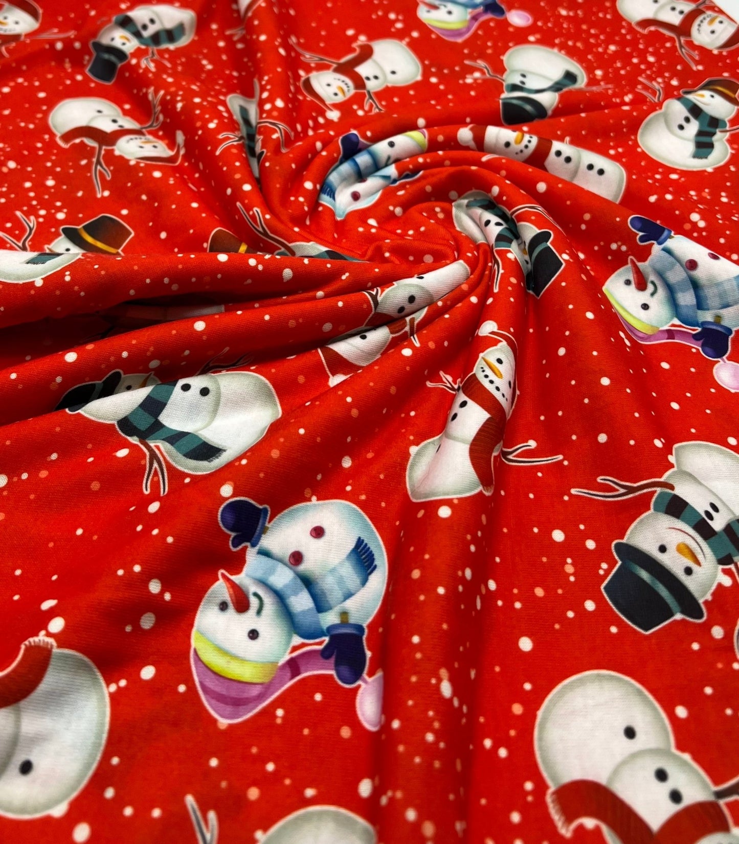 Red Snow Snowman Print Soft Spun Poly Stretch Fabric - T9 Fabrics
