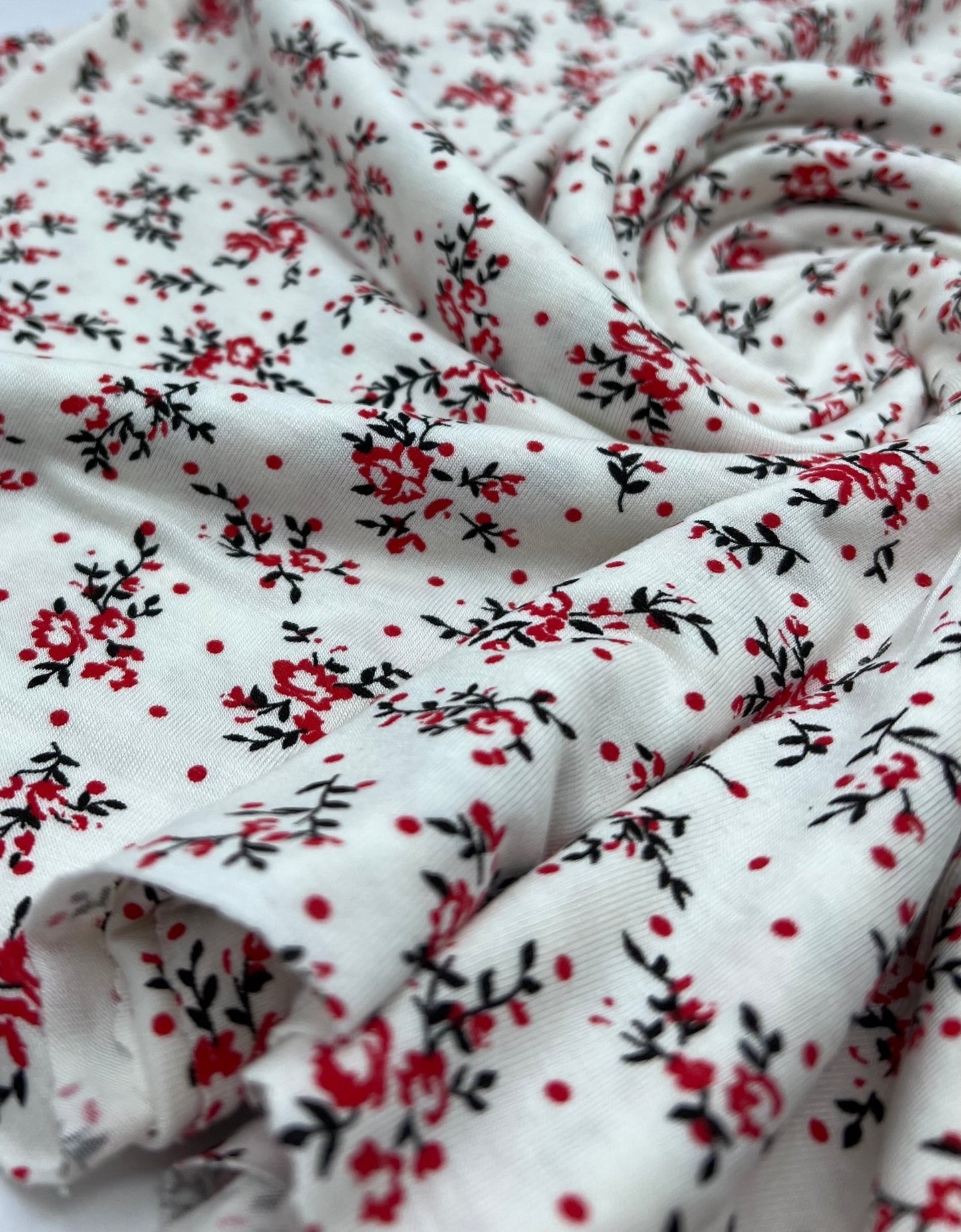 Red Spot Floral Print Viscose Elastane Fabric - T9 Fabrics