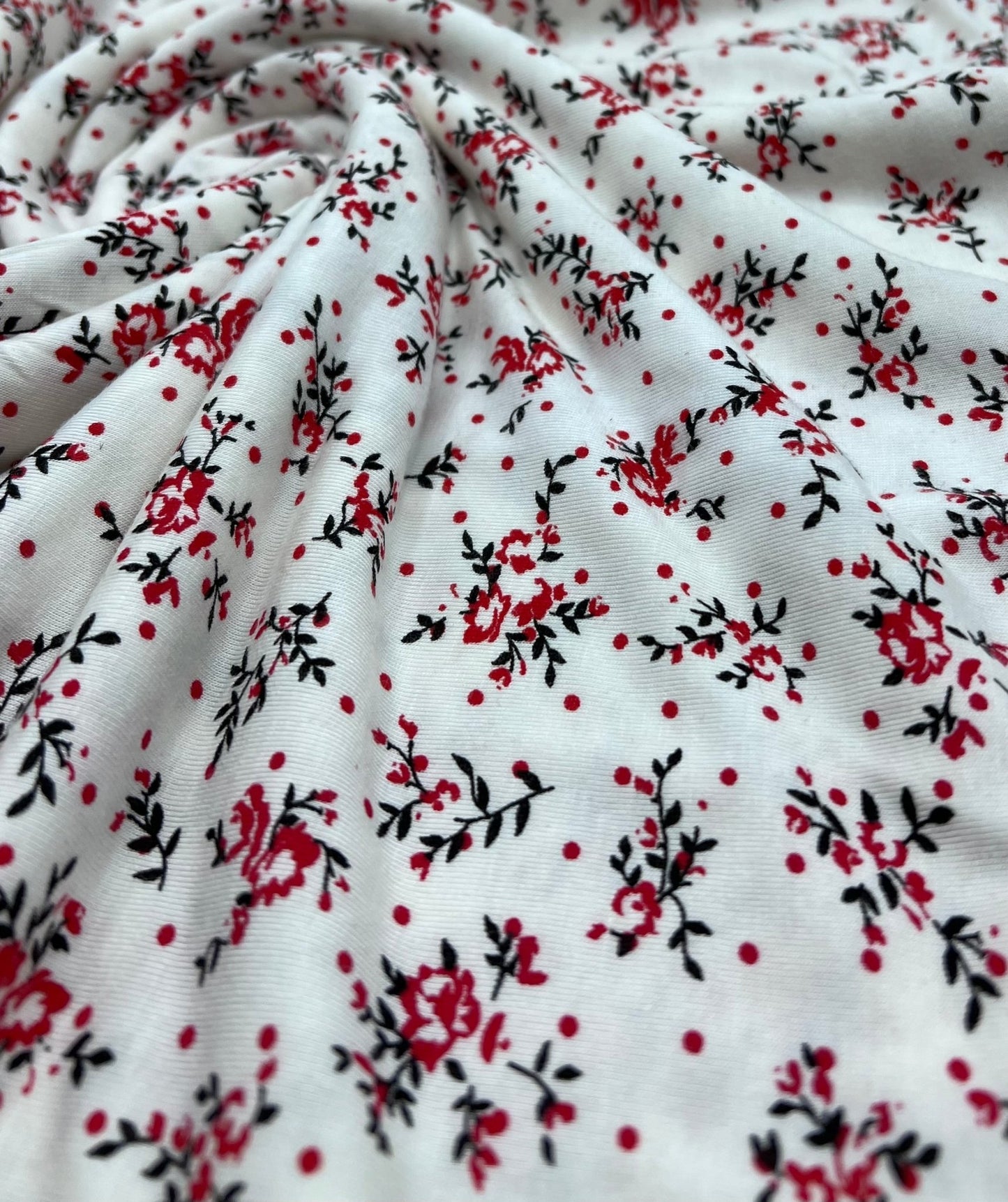 Red Spot Floral Print Viscose Elastane Fabric - T9 Fabrics