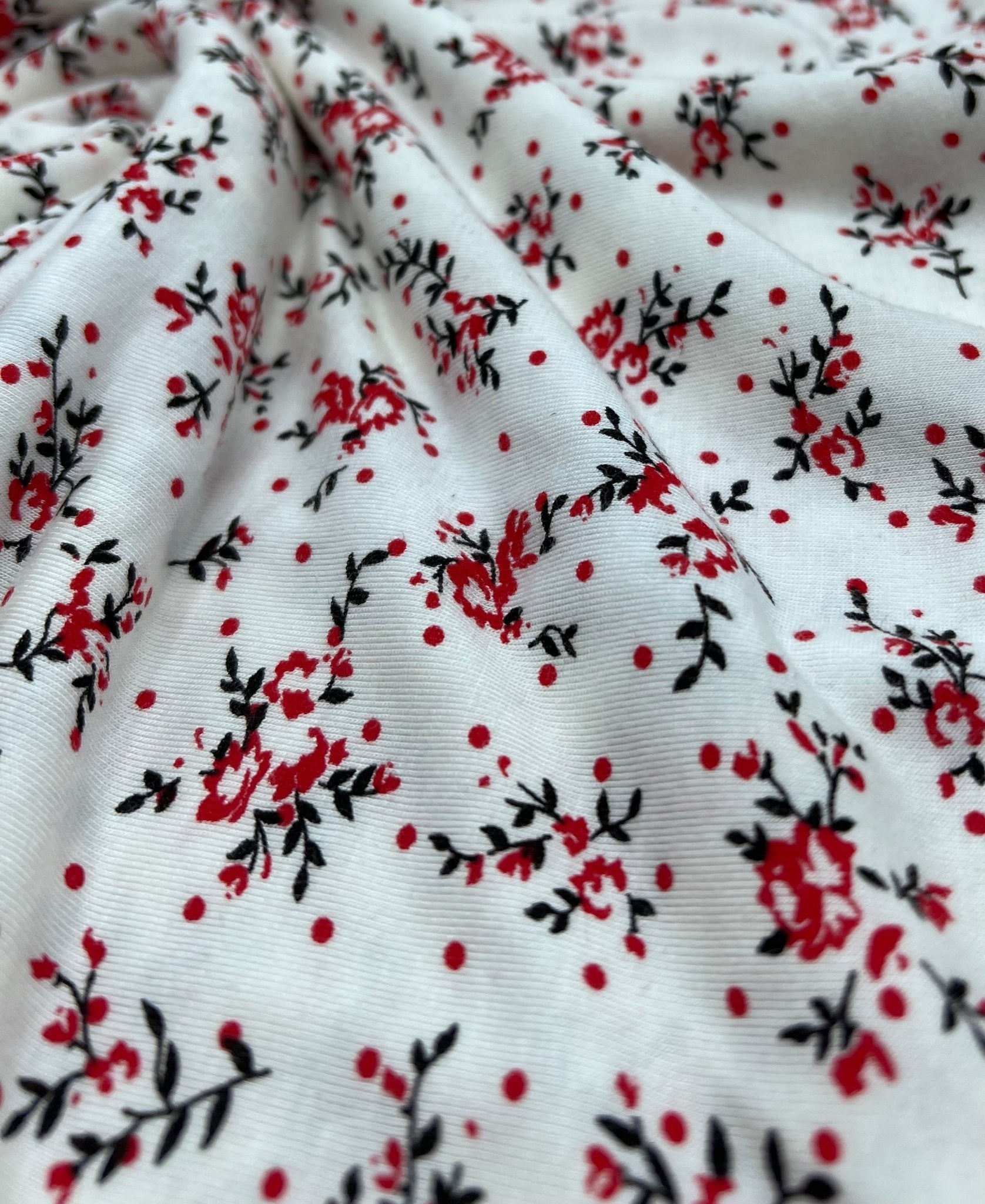 Red Spot Floral Print Viscose Elastane Fabric - T9 Fabrics