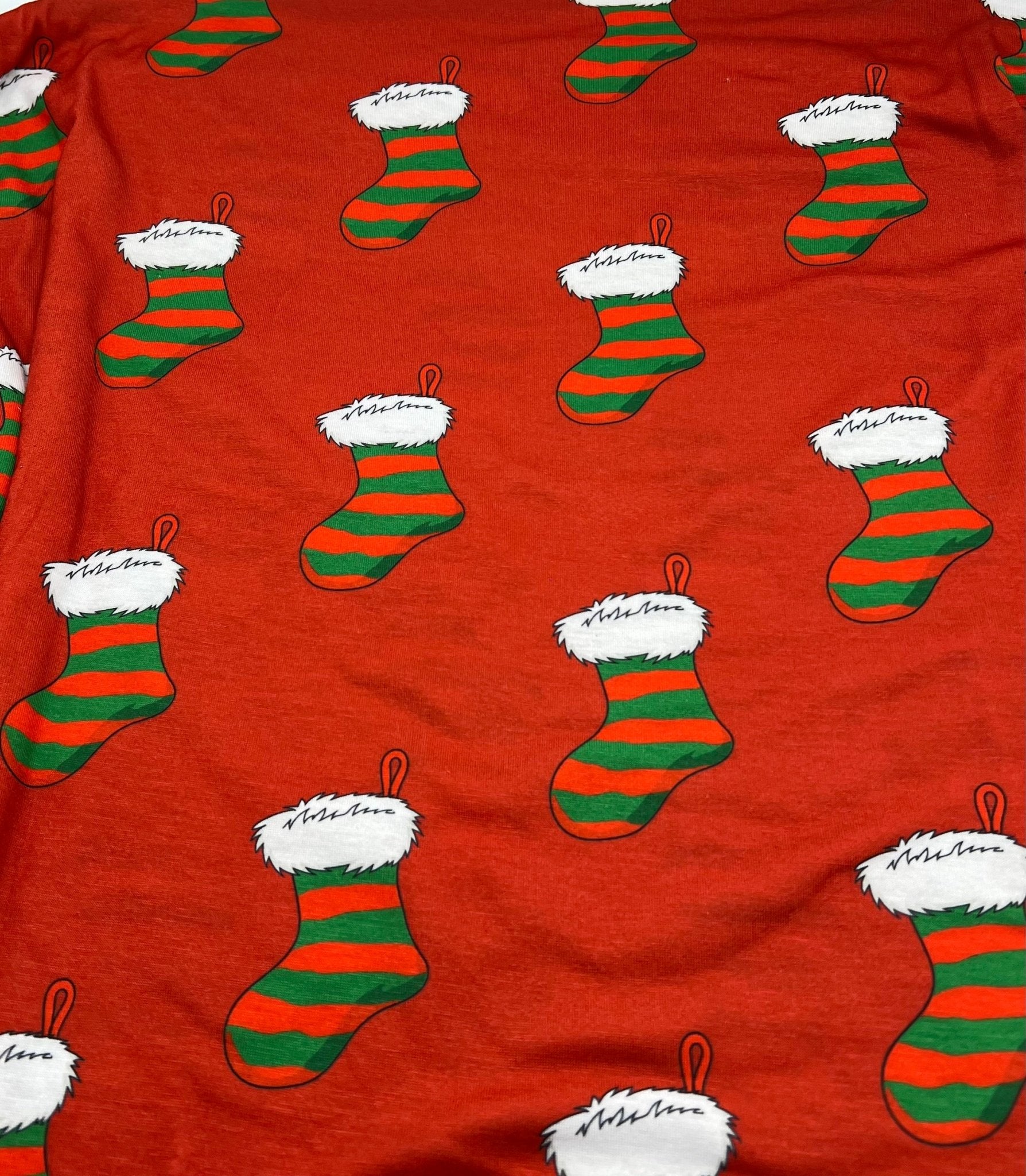 Red Stocking Print Soft Spun Poly Stretch Fabric - T9 Fabrics
