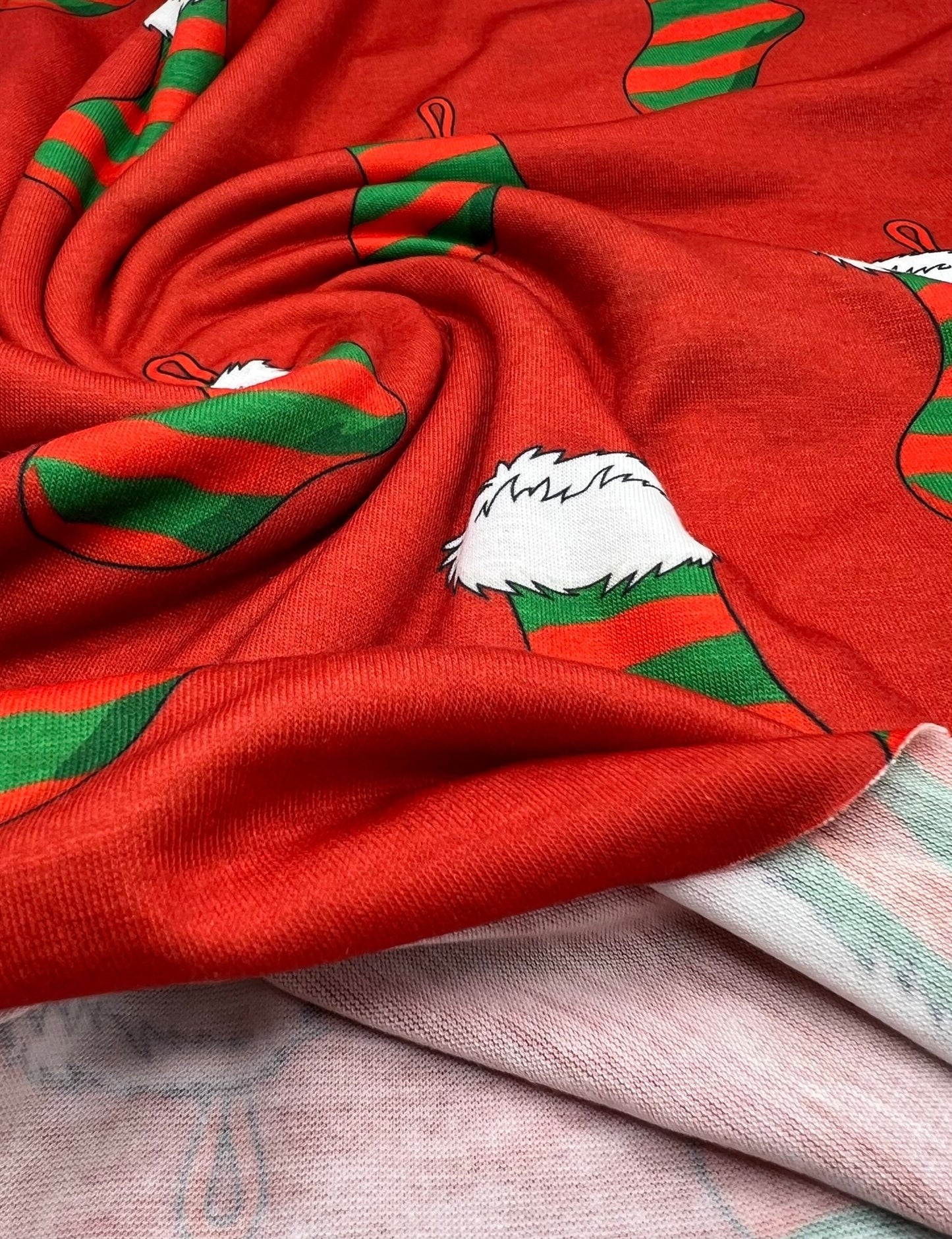 Red Stocking Print Soft Spun Poly Stretch Fabric - T9 Fabrics